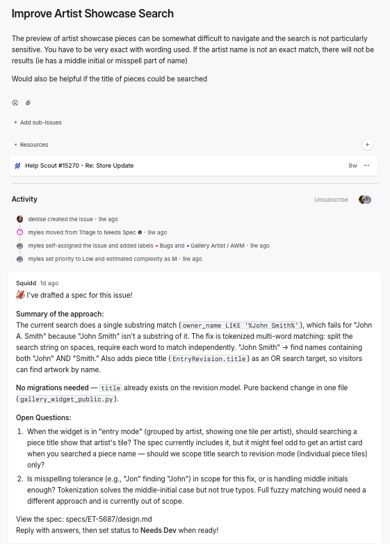 Agent comments on a Linear ticket tracing the bug to a proposed fix
